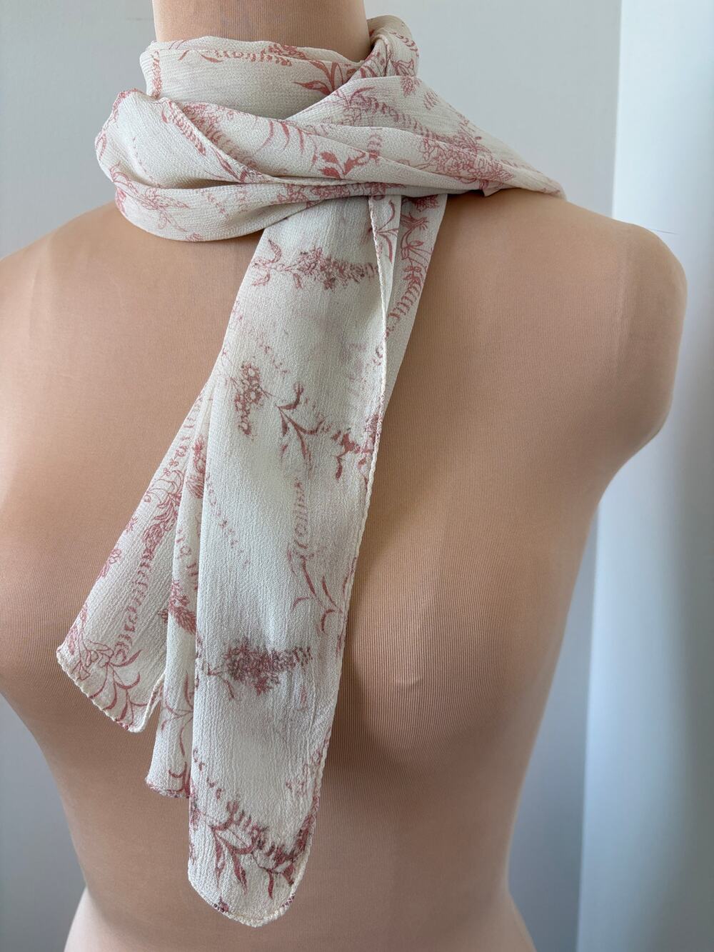 Sheer Cream Long Scarf Blush Pink Floral Botanical Textured Boho Romantic FLAW